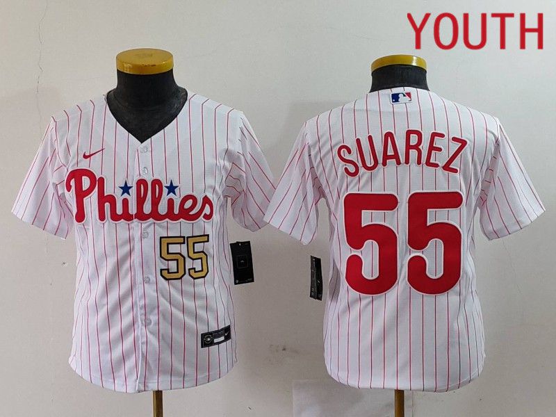 Youth Philadelphia Phillies #55 Suarez White stripe Nike Game 2024 MLB Jersey style 2